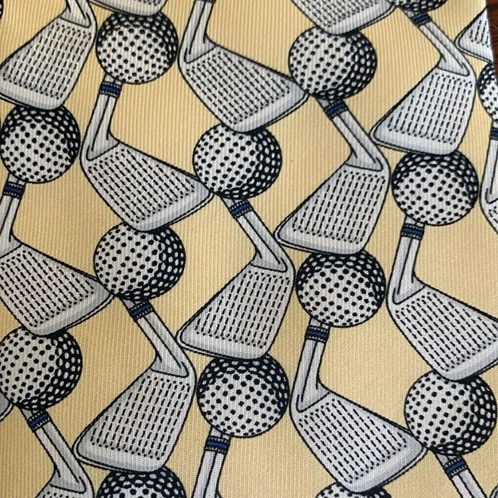 Mens Unique Golf Ball/Tee Pattern Silk Neck‎ Tie Yellow Background Classic Width